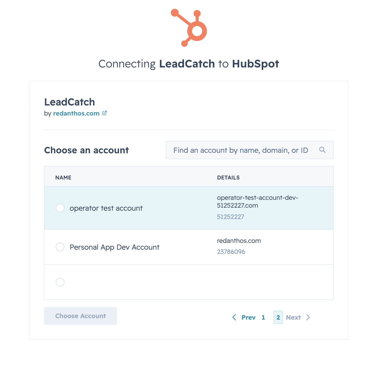 HubSpot's Connecting LeadCatch to HubSpot screen, with a list of accounts to choose from and a Choose Account button